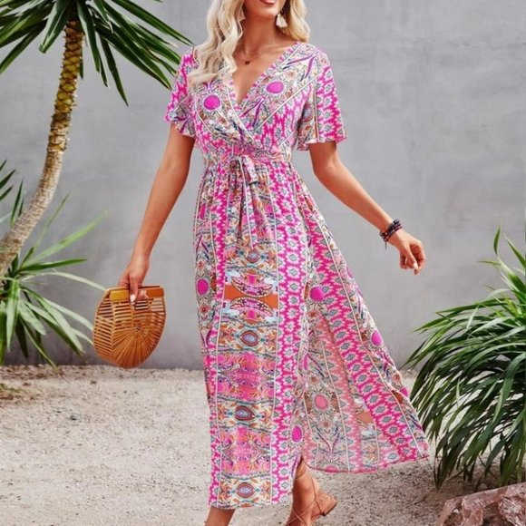 Bohemian Cottagecore Butterfly Sleeve Maxi Dress - PINK - Picture 1 of 4